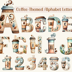 Kaffee-Themen Alphabet Buchstaben - anpassbare Wandkunst für Coffee Shops, Wohnkultur, Küchenkunst - A bis Z und Zahlen
