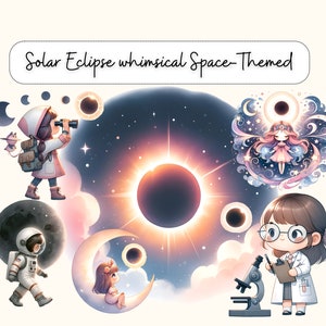 Impression d'art éclipse solaire magique - oeuvre d'art murale fantaisiste pour enfants - illustration des phases de l'exploratrice, de la fée et de la lune"