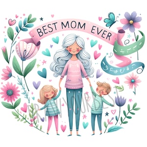 Mejor mamá de todos los tiempos, arte en acuarela - Ilustración caprichosa de madre e hijos con corazones y flores - Decoración en colores pastel del Día de la Madre