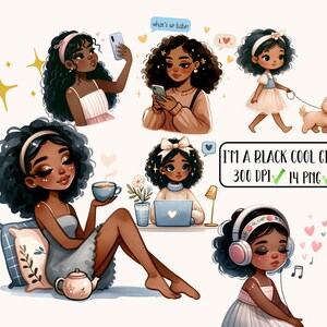 黒人女性のライフスタイルイラストバンドル - 気まぐれな水彩デジタルアート、遊び心のあるモダンシック、高解像度PNG