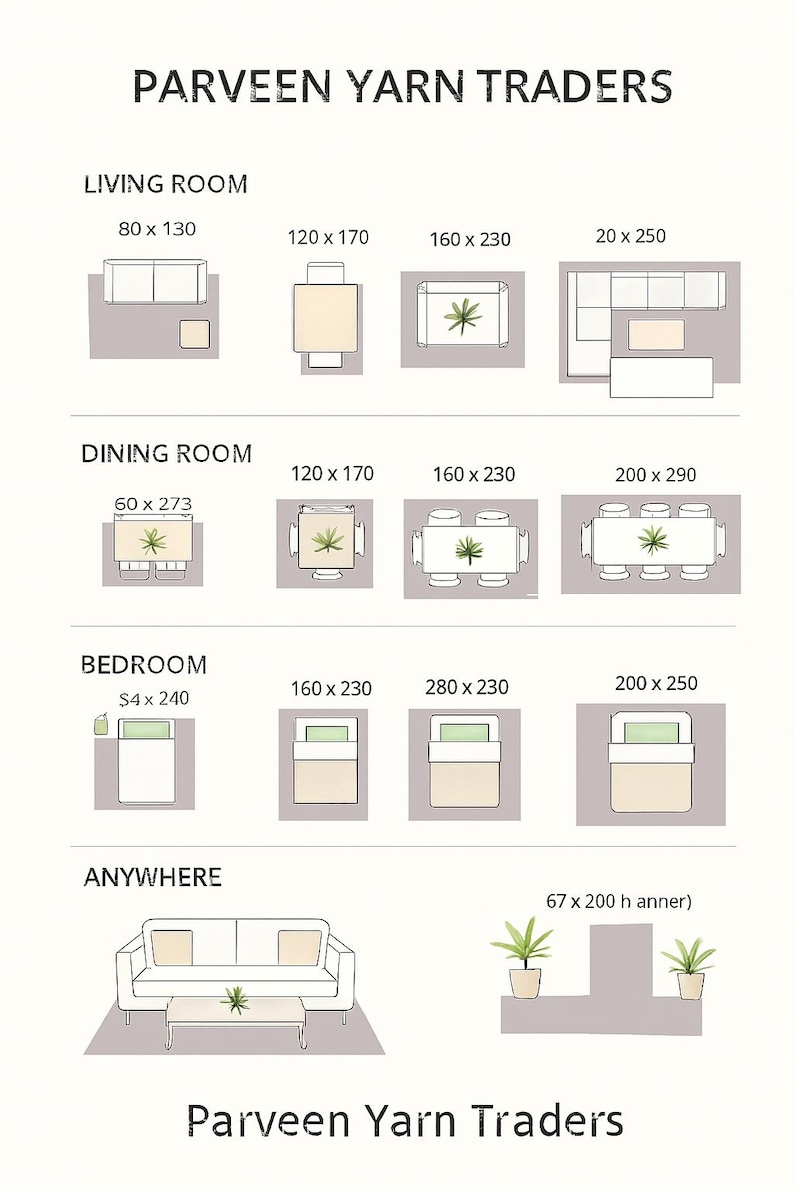 May include: Diagram of room layouts with dimensions in inches, including living room, dining room, and bedroom arrangements. The image also includes the text "Parveen Yarn Traders".