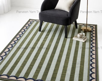 Green Striped Wool Area Rug, Scalloped Border, Hand-Tufted