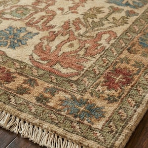 May include: Close-up of a beige area rug with an intricate floral pattern in shades of red, blue, and green. The rug has a detailed border and fringe along the edge, showcasing a traditional design.