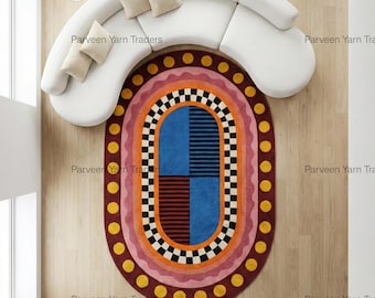 Hand Tufted Wool Rug, Retro Pop Art, Checkerboard Oval