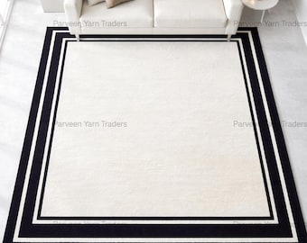 Hand Tufted Wool Rug: white & Navy Blue Double Border Area Rug