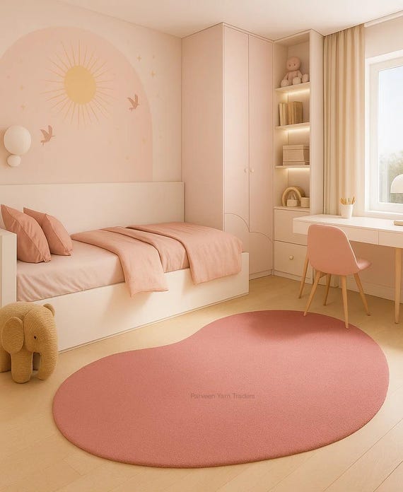 Handcrafted Pink Irregular Rug, Soft Modern Nursery Carpet