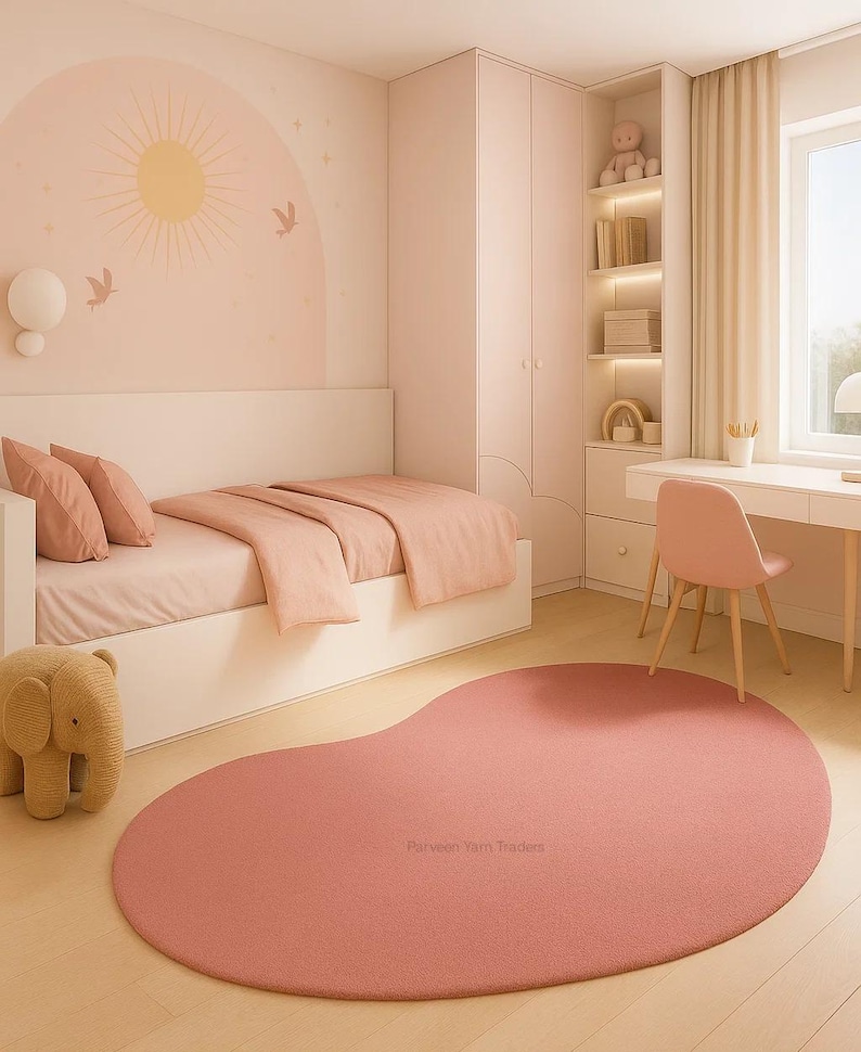 May include: A pink bedroom with a bed, desk, and a large, kidney-shaped rug. The walls are painted a soft pink, with a mural of a sun and birds. A stuffed elephant sits near the bed. The room has a minimalist design.