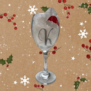 Personalized Initial Santa Hat Vinyl Decal: Christmas Label, Wine Glass Sticker