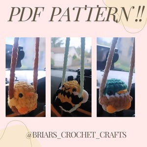 Paquete de patrones de crochet en PDF 3 en 1 en inglés: decoración colgante de abeja, pollito y pato para coche estilo retro.