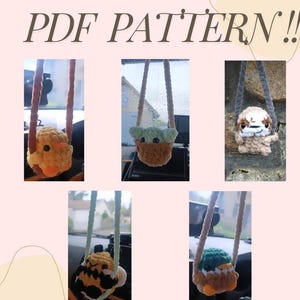 May include: Five crocheted plush toys hanging from strings. The toys are a yellow chick, a green and brown Yoda, a brown sloth, a yellow and black bee, and a green and brown bird. The image includes the text "PDF PATTERN!" and "@BRIARS_CROCHET_CRAFTS".