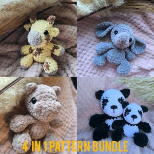 Op de afbeelding: Een pakket met haakpatronen met vier amigurumi-dierontwerpen: een giraffe, een nijlpaard, een hond en twee panda's. De dieren zijn allemaal gemaakt van zacht, pluche garen en hebben schattige gezichtsuitdrukkingen.
