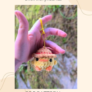 May include: A crocheted yellow chick wearing a brown pirate hat with a red band. The chick has black eyes and orange feet and beak. The text "Briar's Crochet Crafts" and "Chick with pirate hat" are above the chick. The text "PDF PATTERN" is below the chick.