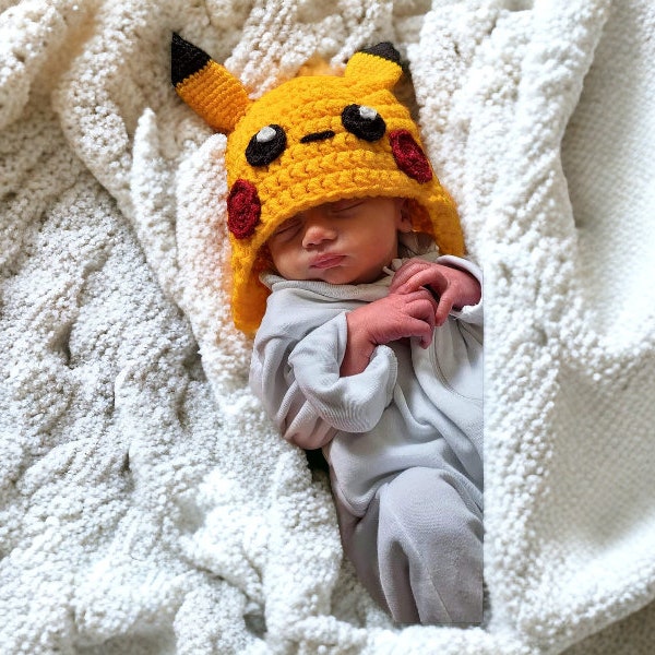 Produit fini Bonnet Pikachu au crochet | Bonnet au crochet Pokémon | Déguisement de Pikachu | Patron de cache-oreilles pour bébés, enfants et adultes