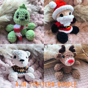 PDF 4 in 1 Häkelanleitung: Christmas Pocket Pets Santa, Rudolph the rednose reindeer, Graane Villan und Eisbär perfekt für Märkte.