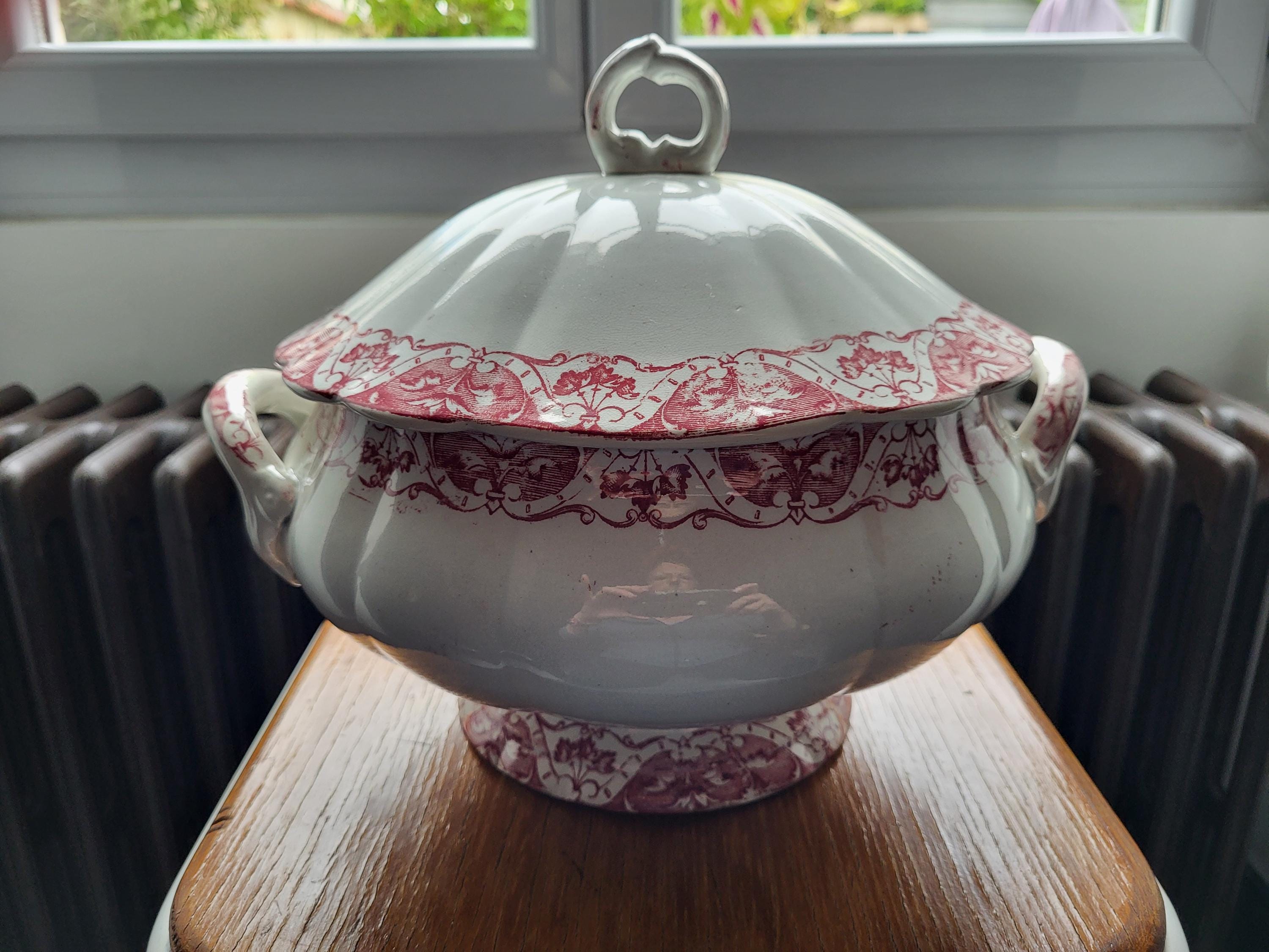 Soupière Ancienne En Céramique - Décor Roses Bleues/vertes - Creil