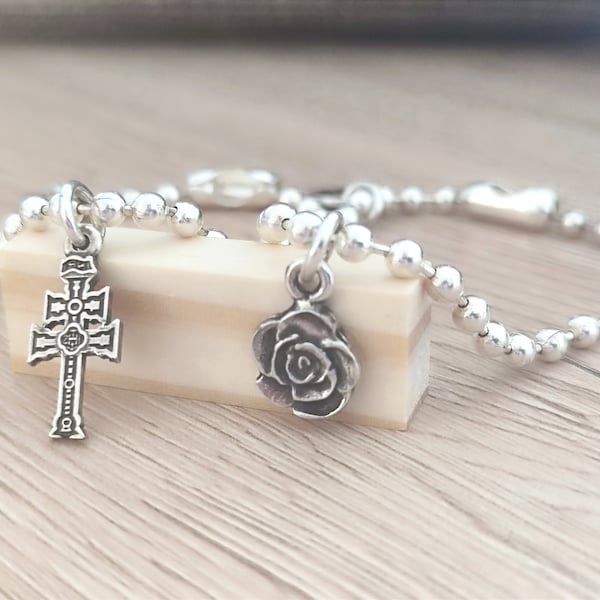 Bracelet boule, Perlen Silber Armband, bracelet avec croix, bracelet avec rose,bracelet spirituel, bracelet boule argenté,bracelet ajustable