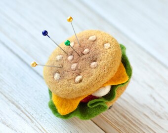 Cute Burger Mini Pin Cushion - Felted Finger Pincushion, Unique Gift for Sewers and Crafters