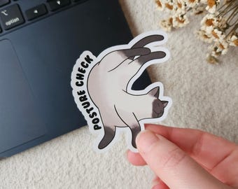 May include: A white and gray cat sticker with the text "POSTURE CHECK" in black. The cat is arched backwards with its paws in the air.