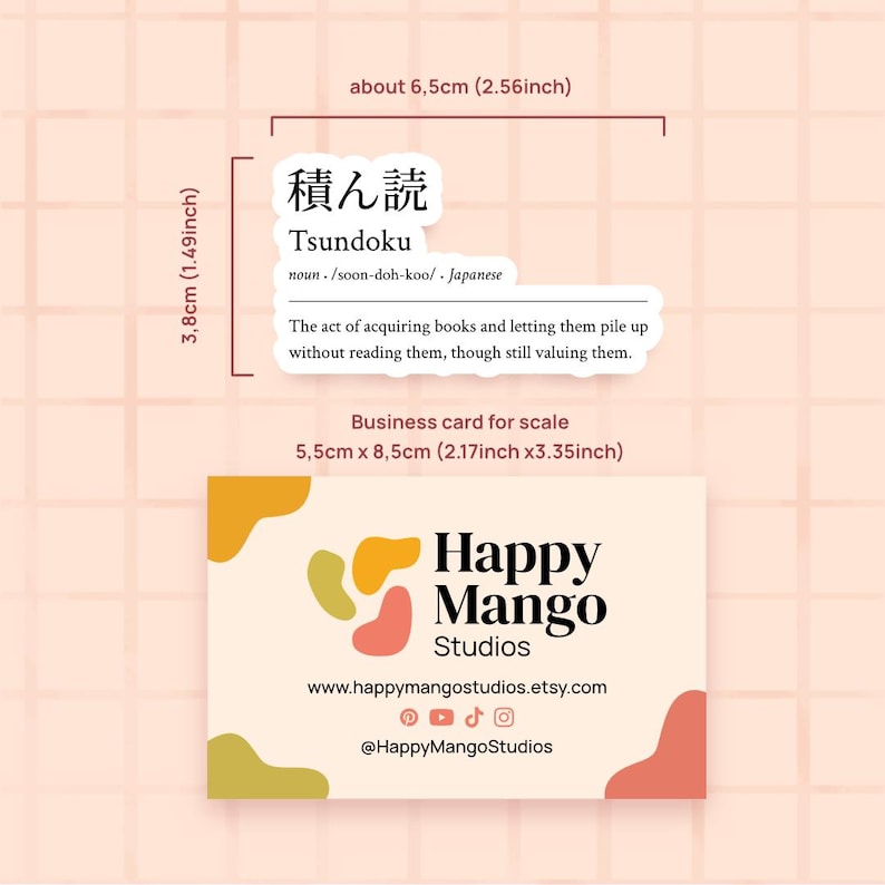 May include: A business card for Happy Mango Studios with a colorful abstract logo. The card includes the website address www.happymangostudios.etsy.com and the social media handle @HappyMangoStudios. The card is 2.17 inches by 3.35 inches.