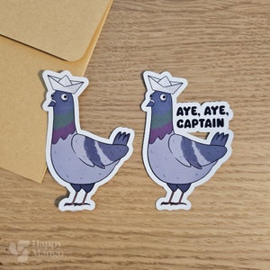 Gestresste zeemanpiraatduif 'Aye, Aye, Captain', handgemaakte glanzende of waterbestendige sticker voor laptop, dagboek, notitieboekje en meer
