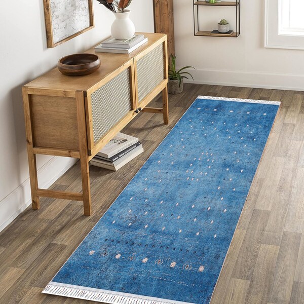 Blue Kilim Runner Rug, Shades Of Light Blue Kilim Modern Bohemian Style Hand-Woven Look Washable Runners Extra Long Rug For Hallway Kilims