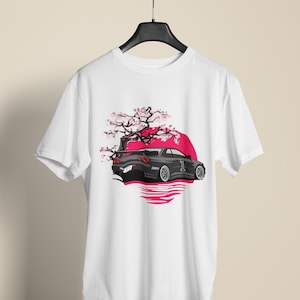 R34 GTR Japan T-Shirt with Sakura & Skyline Art - Unique Drift Car Graphic Tee
