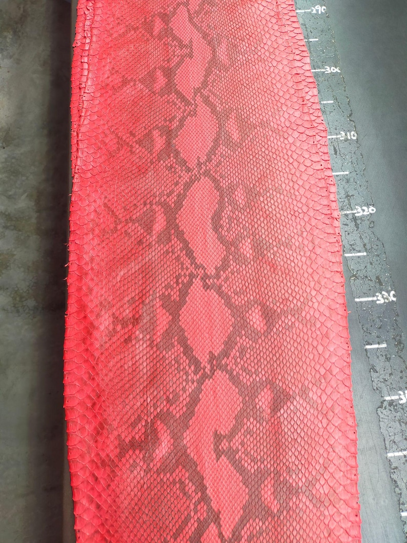 May include: A piece of red snakeskin leather with a dark brown pattern. The snakeskin is laid flat, showing the texture and scale details. The leather is a vibrant red color.