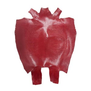 May include: A red snakeskin hide with a textured surface. The hide is shaped like a heart with a pointed top and two tails.