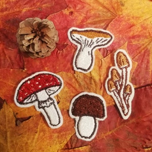 Op de afbeelding: Een assortiment geborduurde paddenstoelpatches in verschillende vormen en kleuren, waaronder rood met witte stippen, bruin en beige. Een dennenappel rust op een bed van herfstbladeren.