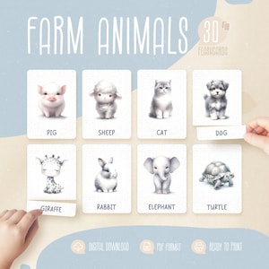 30 Tarjetas de animales de granja, Tarjetas preescolares, Niños pequeños Montessori, Imprimibles de educación en el hogar, Descarga digital.