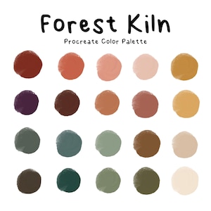 Könnte beinhalten: Eine digitale Farbpalette mit dem Titel Forest Kiln Procreate Color Palette, die zwanzig kreisförmige Farbfelder in vier Reihen zeigt. Die Farben umfassen verschiedene Schattierungen von Dunkelrot, Terrakotta, gedämpftem Rosa, Senfgelb, Dunkellila, Braun, Salbeigrün, Waldgrün und Creme.