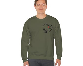 May include: A green sweatshirt with a black heart and paw print design. The heart has the text "Dog Dad" inside.