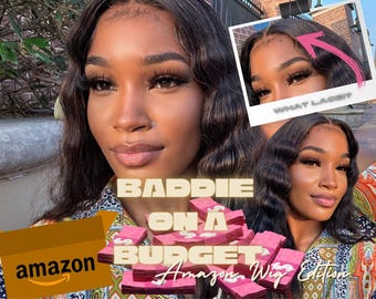 May include: A woman with long, wavy dark hair and full makeup is the focus of this image. The text "BADIE ON A BUDGET Amazon Wig Edition" is overlaid on the image, along with an Amazon box and a stack of pink items. A smaller image is also present.