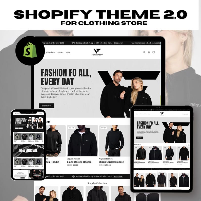 May include: A website mockup for an online clothing store featuring a black unisex hoodie with the text "Fashion for all, every day" on the homepage. The website has a modern design with a black and white color scheme.