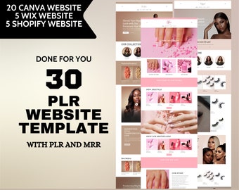 May include: A graphic promoting 30 done-for-you website templates for businesses. The graphic features a pink and white color scheme with images of hair extensions, eyelashes, and nail polish. The text "DONE FOR YOU 30 PLR WEBSITE TEMPLATE WITH PLR AND MRR" is displayed in bold black text.
