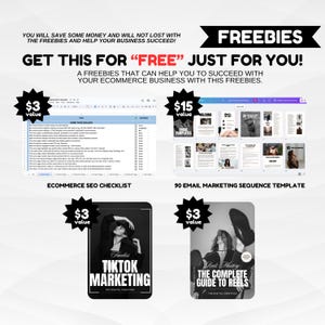 May include: Promotional graphic with the word "FREEBIES" in a black banner. The image includes an eCommerce SEO checklist, email marketing templates, TikTok marketing guide, and a guide to Reels. Text states "Get this for FREE just for you!"