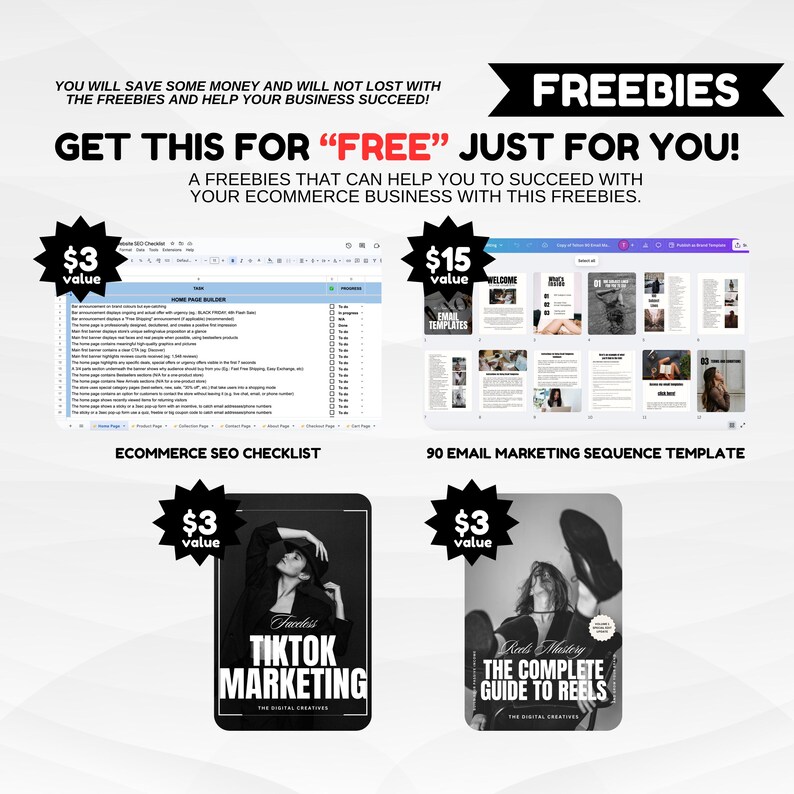 May include: Promotional graphic with the word "FREEBIES" in a black banner. The image includes an eCommerce SEO checklist, email marketing templates, TikTok marketing guide, and a guide to Reels. Text states "Get this for FREE just for you!"