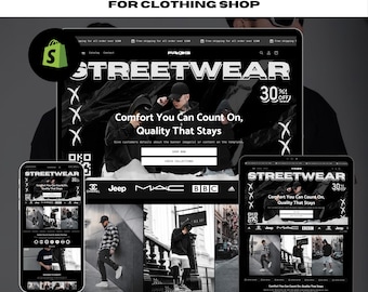 May include: A website mockup for a streetwear clothing shop. The website features a black and white color scheme with a bold, graphic design. The text on the website reads "Comfort You Can Count On, Quality That Stays." The website also features a call to action to "Shop Now" and "Check Collections."