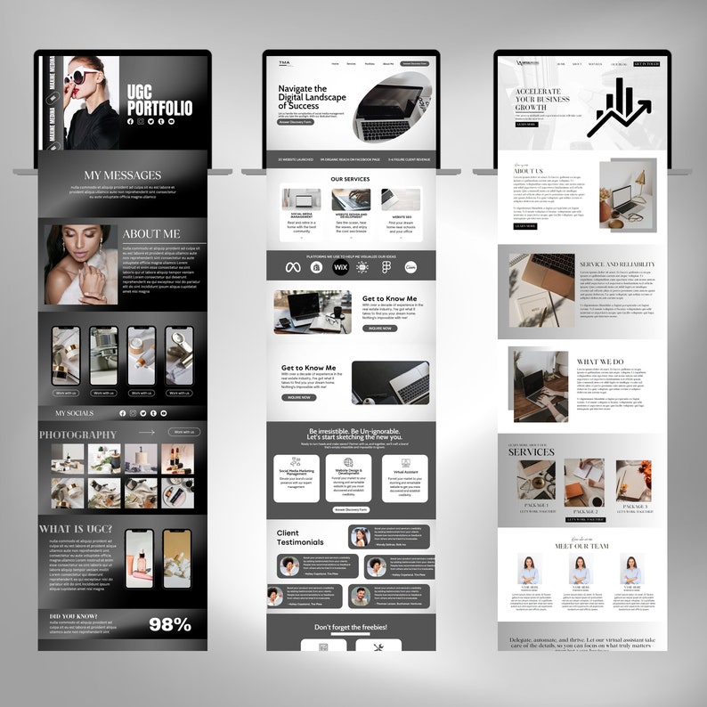 May include: A website homepage with a black and white color scheme. The website is for a business that provides digital marketing services. The website features a variety of services, including website design, social media marketing, and search engine optimization. The website also includes a section on client testimonials and a call to action to contact the business.