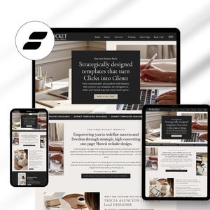 Pode incluir: Um design de marketing digital que mostra um modelo de site em um laptop, tablet e smartphone. O design apresenta o texto "Strategically designed templates that turn Clicks into Clients". O esquema de cores é preto e branco.
