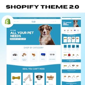 May include: A website homepage for a pet store, featuring a blue and white color scheme. The website has a banner with the text "Pet Store All Your Pet Needs Discount Up To 50% Off". The website also has a section for shopping by category, including bowls, chews and treats, toys, mats, and dog diners. The website also has a section for deals you can't miss, featuring dog toys, dog treats, and dog bowls.