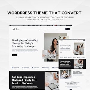 May include: A website design showcasing a WordPress theme. The design includes the text "WORDPRESS THEME THAT CONVERT" and "BUILD A STORE THAT CAN HELP YOU CONVERT NORMAL VISITORS TO PAYING CUSTOMERS."