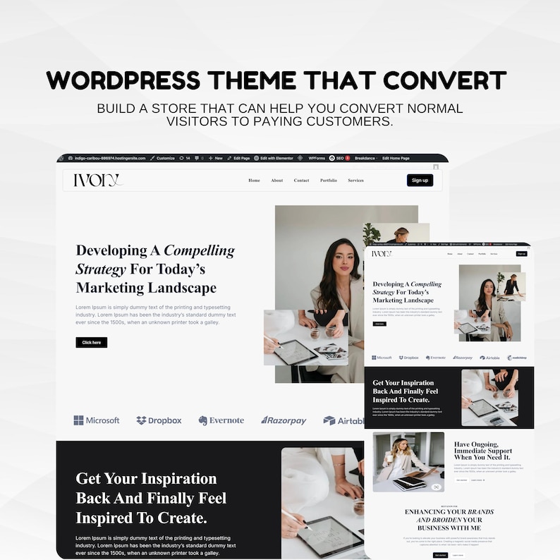 May include: A website design showcasing a WordPress theme. The design includes the text "WORDPRESS THEME THAT CONVERT" and "BUILD A STORE THAT CAN HELP YOU CONVERT NORMAL VISITORS TO PAYING CUSTOMERS."