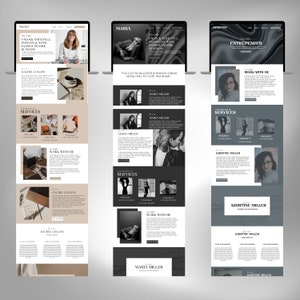 May include: Three website mockups for different businesses. Each website has a black and white photo of a woman, a text header, and a section for services. The first website is for Rachel Collins, the second for Maria Miller, and the third for Kristine Miller.