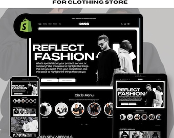 May include: A black and white website design for a clothing store. The website features a large banner with the text "Reflect Fashion" and a model wearing a black hoodie. The website also includes a circle menu with images of different clothing items. The text "Our New Arrivals" is displayed below the circle menu.