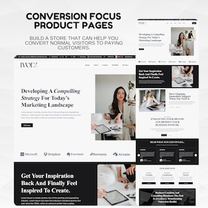 May include: A website design mockup with a black and white color scheme. The design includes text that reads "Conversion Focus Product Pages" and "Developing a Compelling Strategy For Today's Marketing Landscape."