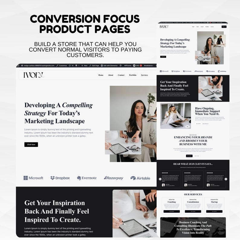 May include: A website design mockup with a black and white color scheme. The design includes text that reads "Conversion Focus Product Pages" and "Developing a Compelling Strategy For Today's Marketing Landscape."