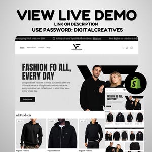 May include: A website homepage for a clothing brand called Voguish Fashion. The website features a black and white design with a large image of a model wearing a black hoodie. The text "FASHION FO ALL, EVERY DAY" is displayed in large, bold letters. The website also features a call to action to "Order Now".