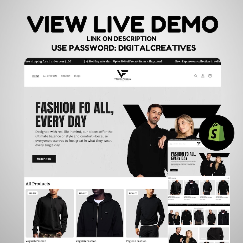 May include: A website homepage for a clothing brand called Voguish Fashion. The website features a black and white design with a large image of a model wearing a black hoodie. The text "FASHION FO ALL, EVERY DAY" is displayed in large, bold letters. The website also features a call to action to "Order Now".