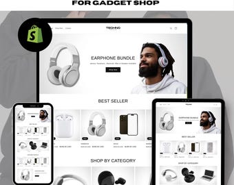 May include: A Shopify theme for gadget shops, featuring a website mockup with a white background and a product display of headphones, earbuds, and a smartphone. The website has a header with the text "TECHNO" and a navigation bar with the options "Shop Now", "Contact", and a search bar. The website also has a section for "Best Seller" products and a section for "Shop by Category".